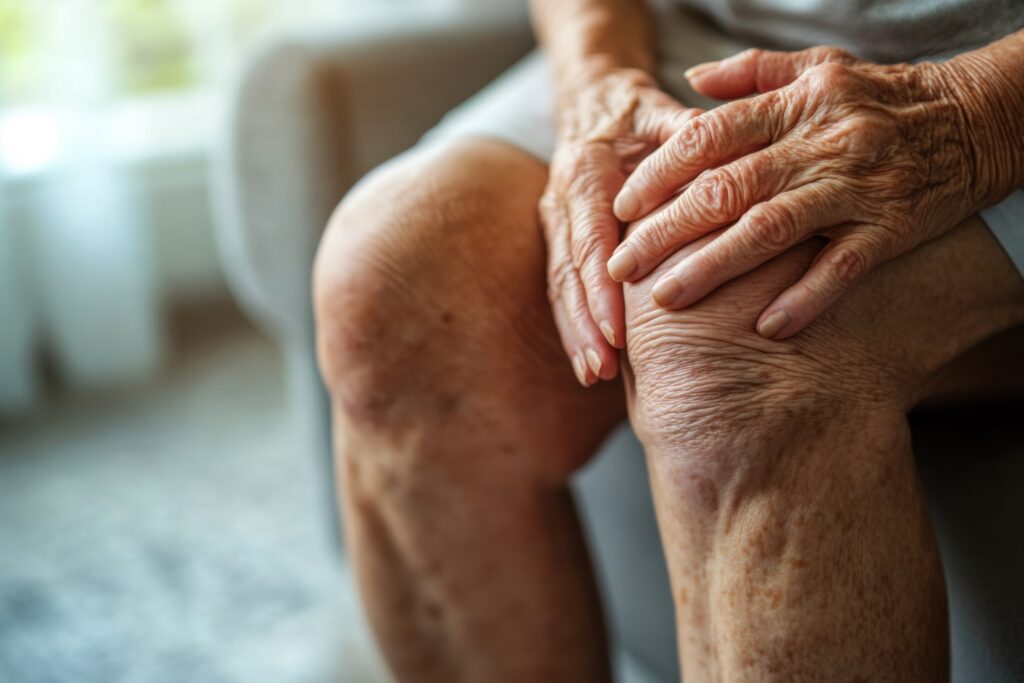 elderly person experiencing knee pain, holding swollen joint with hands while seated at home, close-up of aging skin and arthritis symptoms